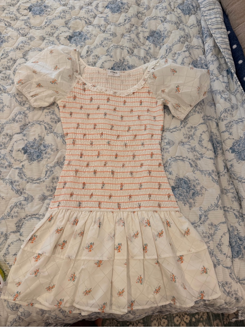 White Floral Smocked Puff-Sleeve Dress